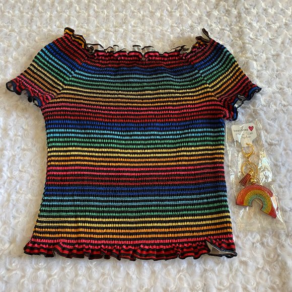 Beautees Girls Rainbow Colors Stretch Short Sleeve Top-L - Picture 3 of 7